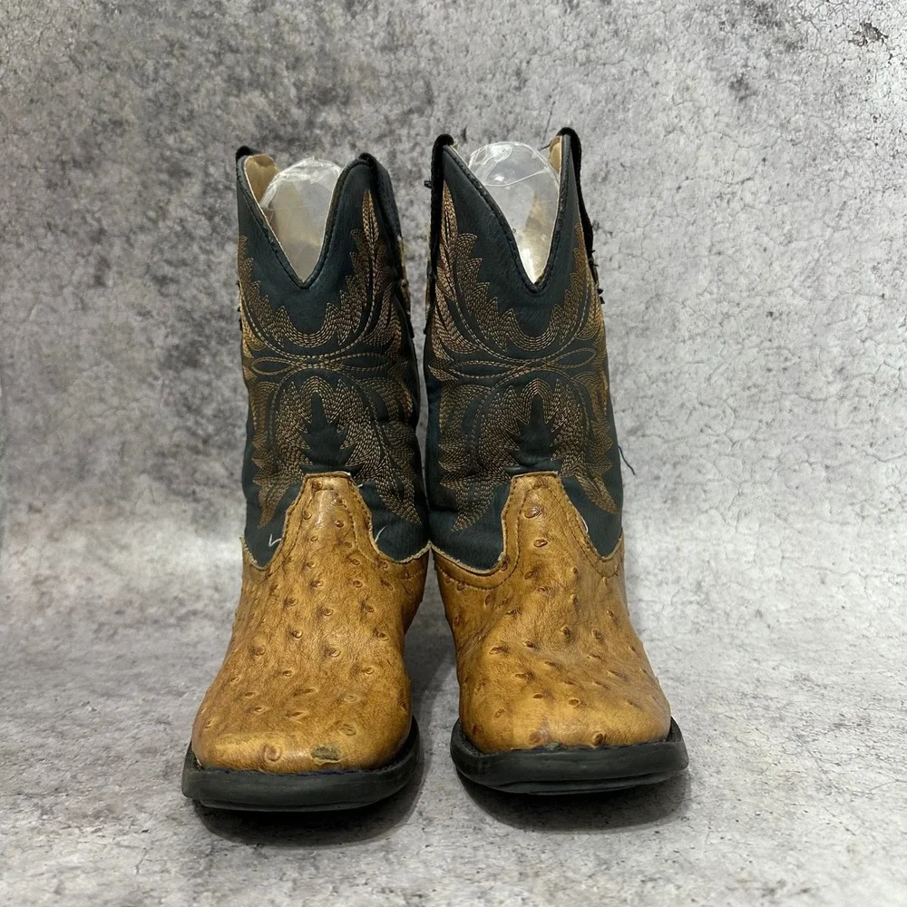 Roper Cowboy Boots Kids 13 Tan Faux Ostrich Western Square Toe Cowboy